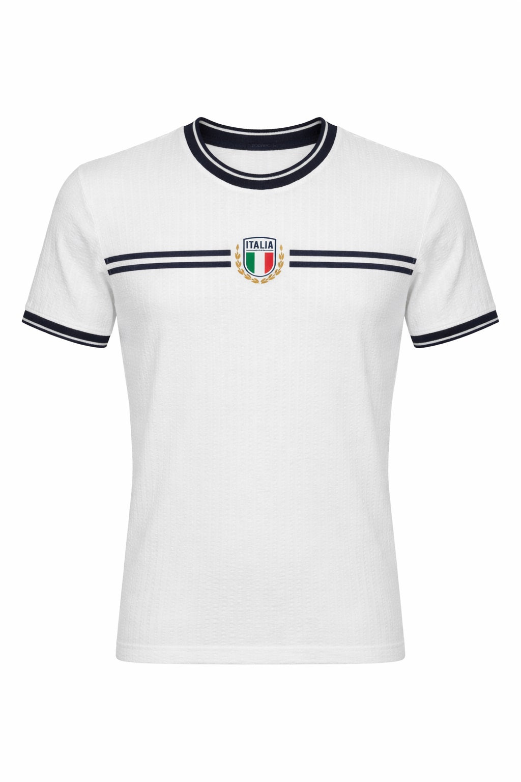Men White Brand Logo Self Design Round Neck Cotton T-shirt