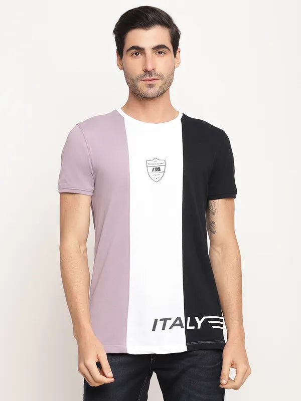 Octave Men Mauve  White Colourblocked Regular Fit Cotton T-Shirt