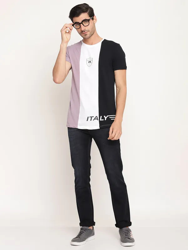 Octave Men Mauve  White Colourblocked Regular Fit Cotton T-Shirt