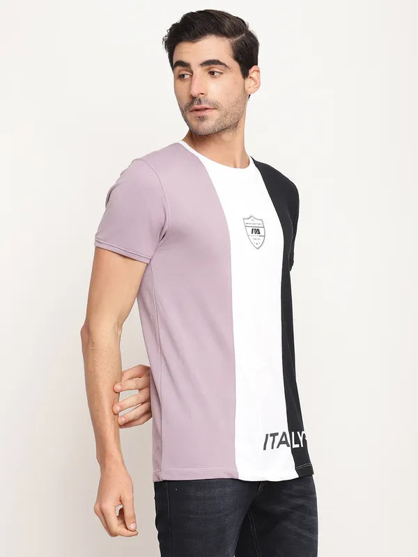 Octave Men Mauve  White Colourblocked Regular Fit Cotton T-Shirt