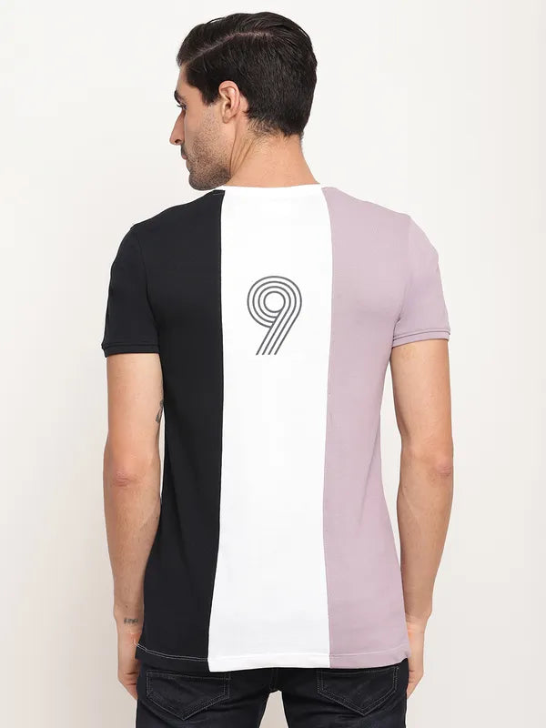 Octave Men Mauve  White Colourblocked Regular Fit Cotton T-Shirt