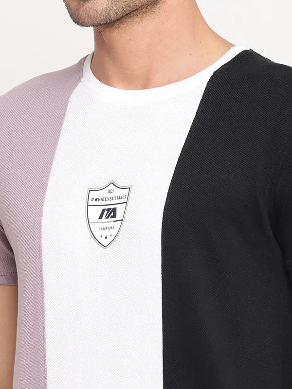 Octave Men Mauve  White Colourblocked Regular Fit Cotton T-Shirt