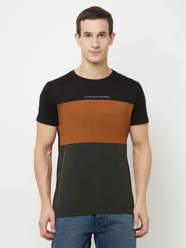Octave Men Olive Green Colourblocked T-Shirt