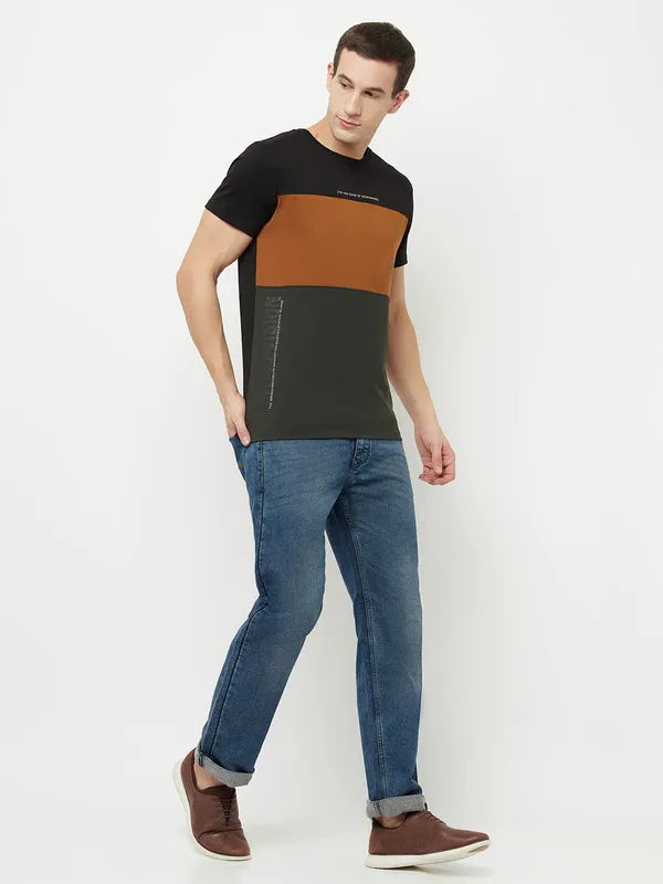 Octave Men Olive Green Colourblocked T-Shirt