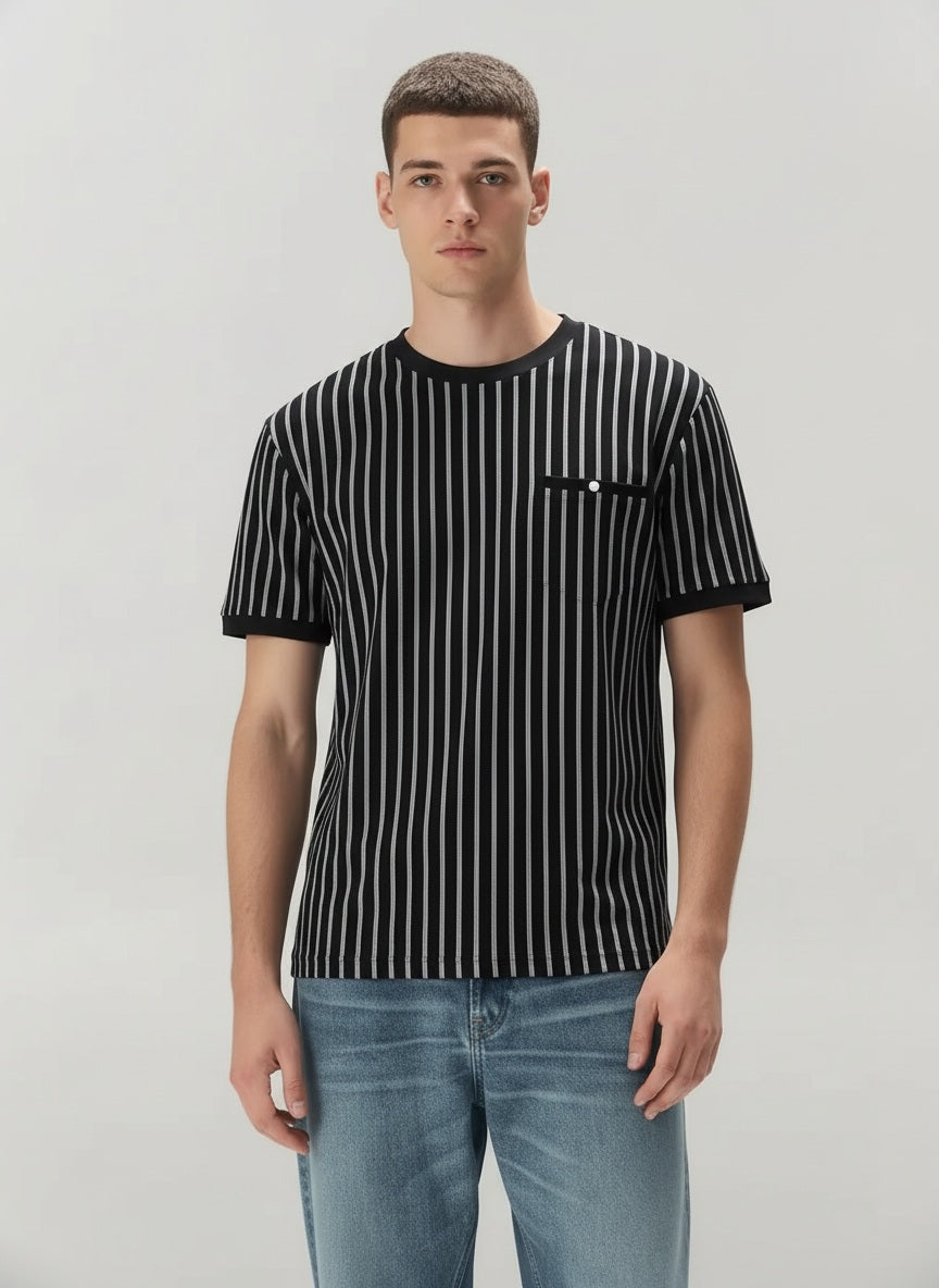 Men Black Striped Pockets T-shirt