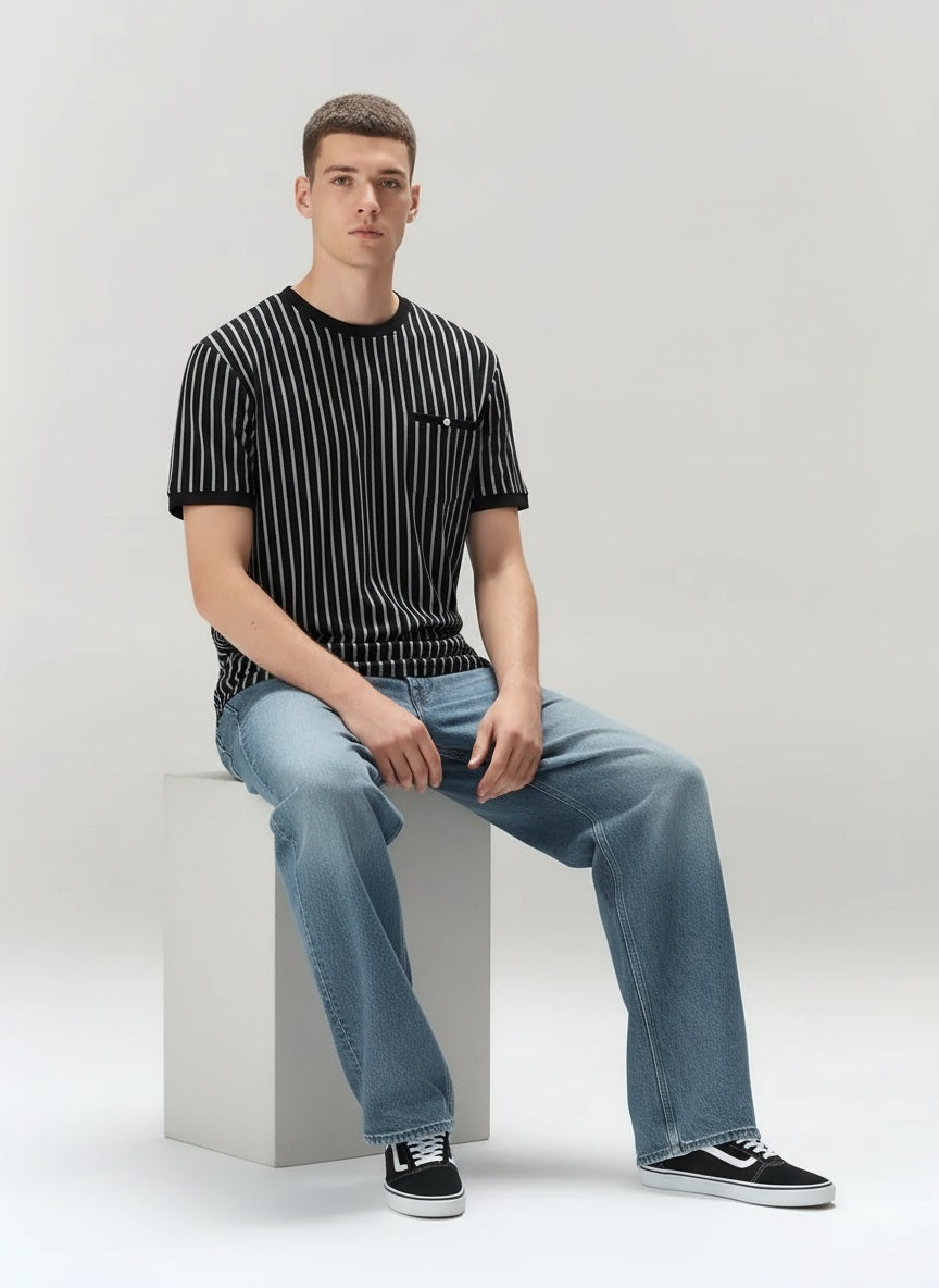 Men Black Striped Pockets T-shirt