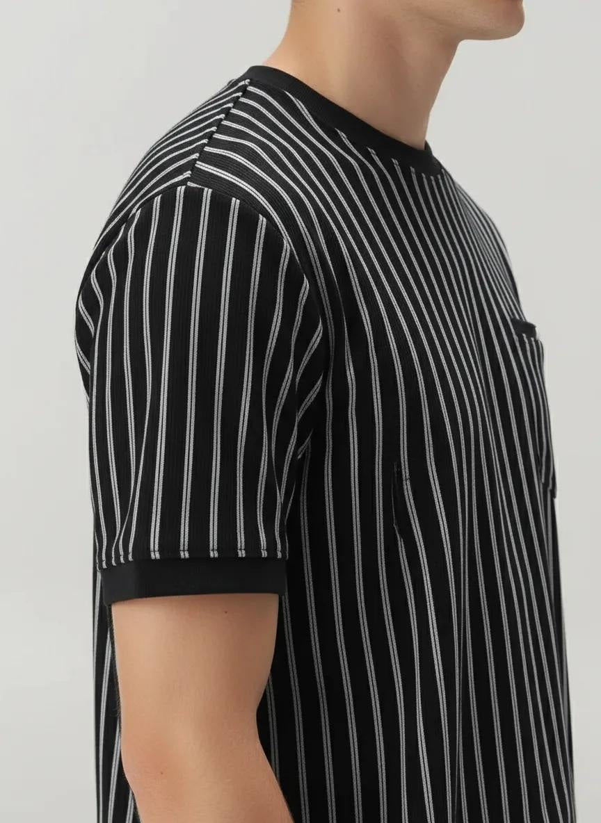 Men Black Striped Pockets T-shirt