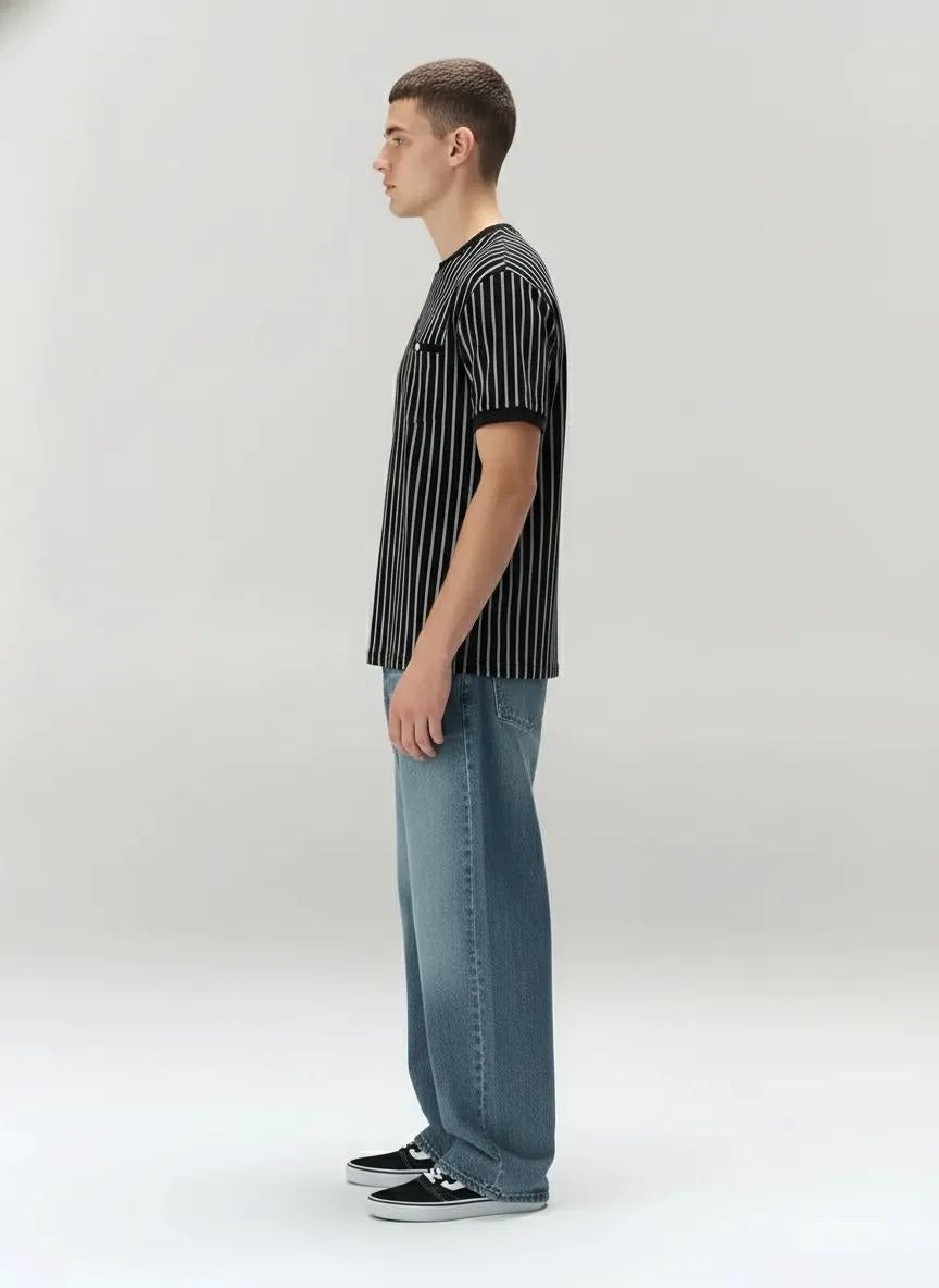 Men Black Striped Pockets T-shirt