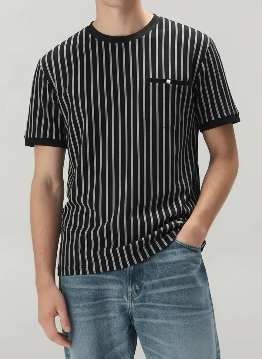 Men Black Striped Pockets T-shirt