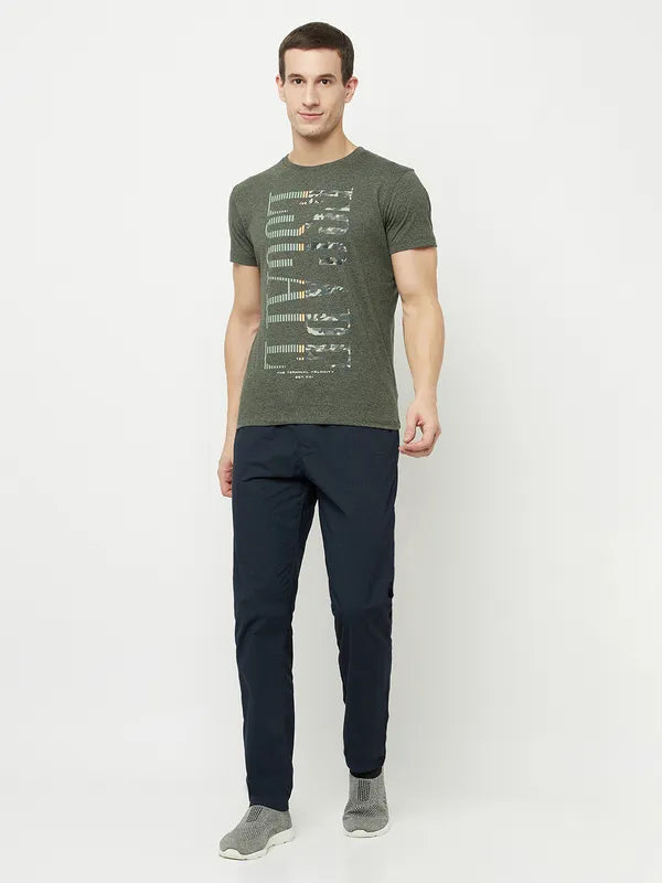 Octave Men Olive Green Typography Printed Raw Edge T-Shirt