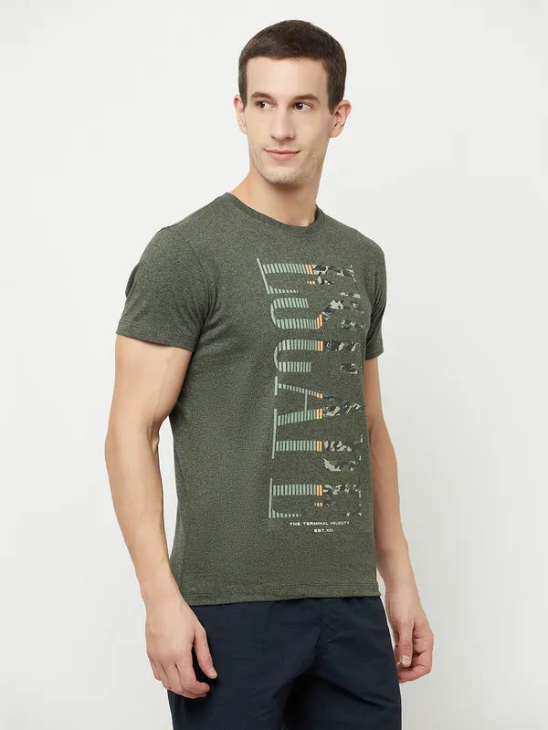 Octave Men Olive Green Typography Printed Raw Edge T-Shirt