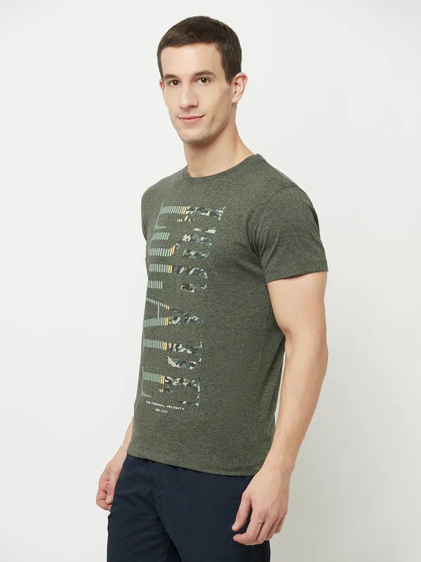 Octave Men Olive Green Typography Printed Raw Edge T-Shirt