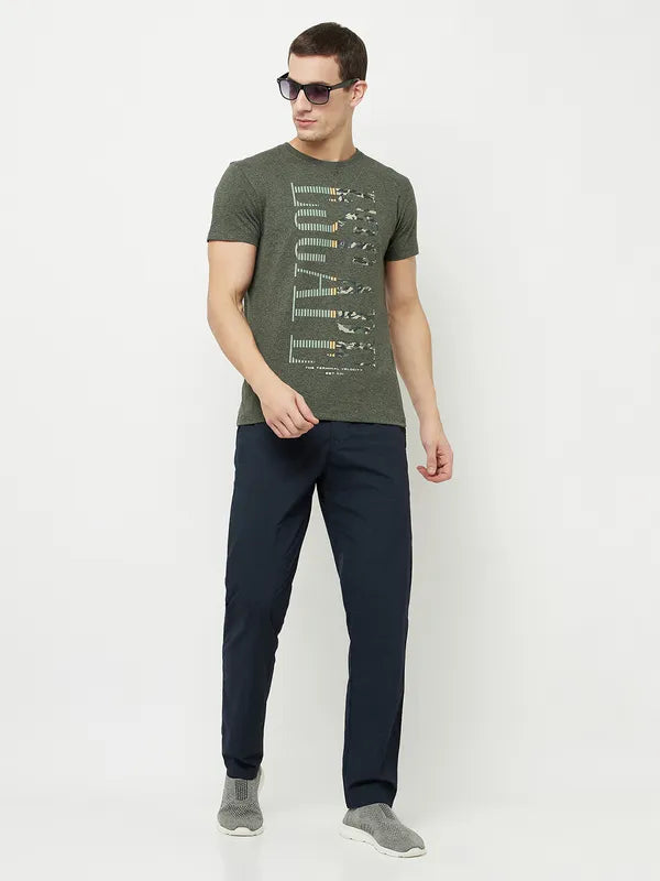 Octave Men Olive Green Typography Printed Raw Edge T-Shirt