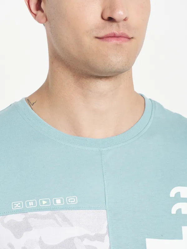 Octave Men Blue Typography Printed V-Neck Raw Edge T-Shirt