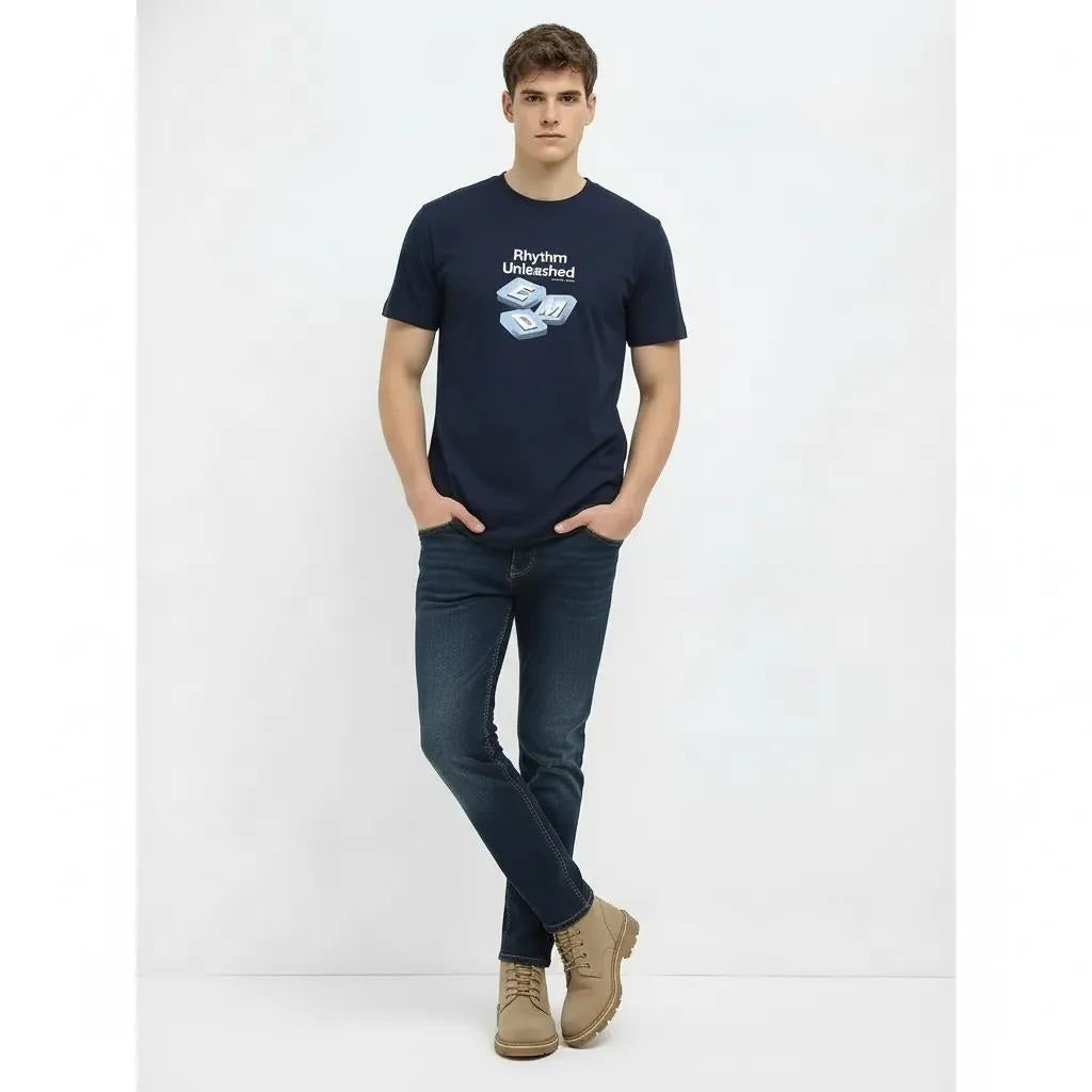 Men Navy Typography Printed T-shirt