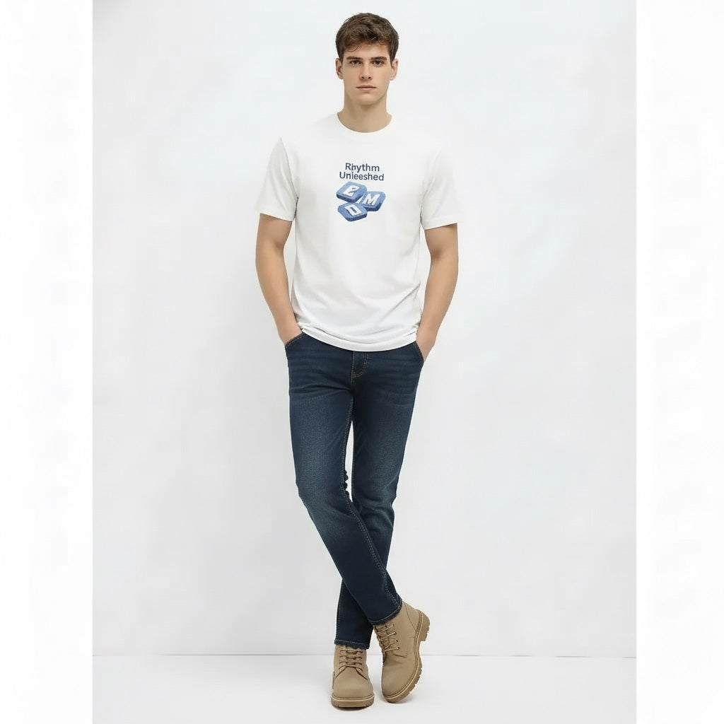 Men Off White Printed Round Neck T-shirt