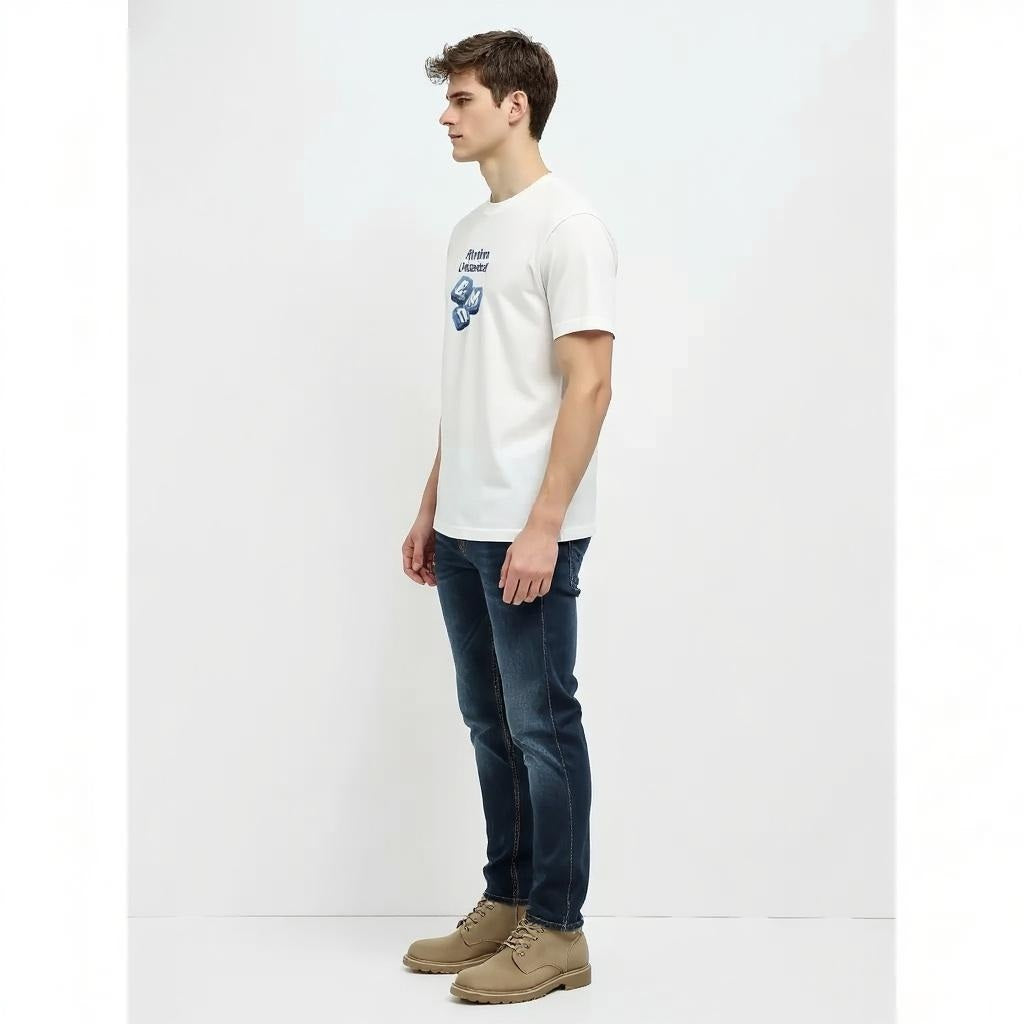 Men Off White Printed Round Neck T-shirt
