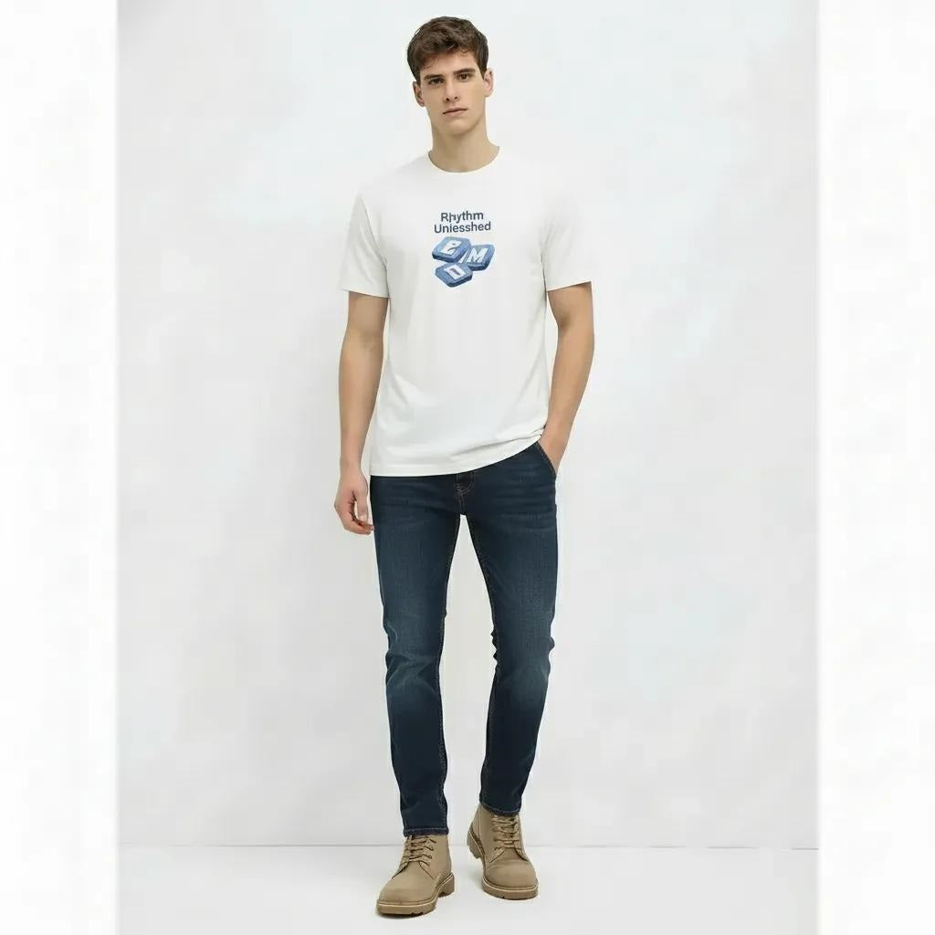Men Off White Printed Round Neck T-shirt