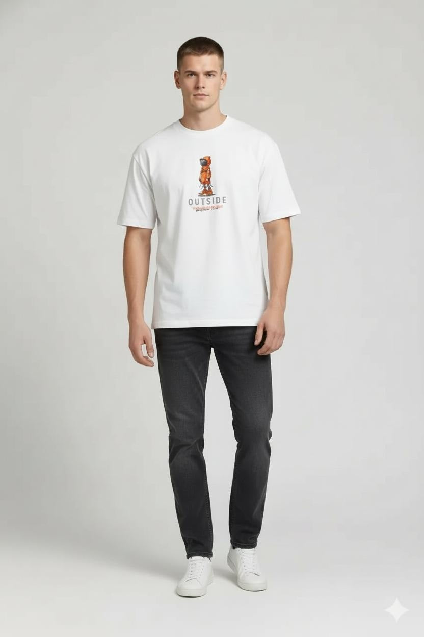 Men Off White Printed Round Neck T-shirt
