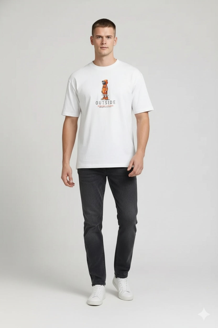 Men Off White Printed Round Neck T-shirt