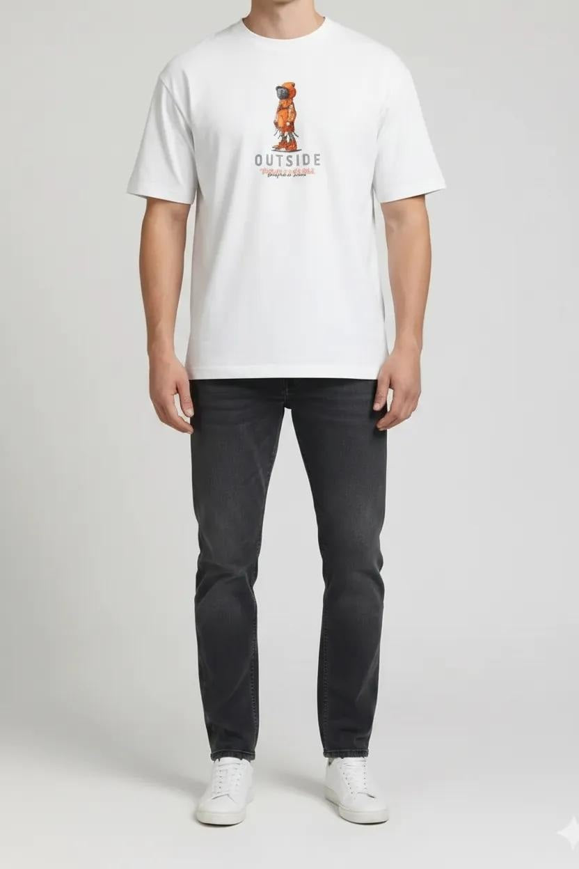 Men Off White Printed Round Neck T-shirt