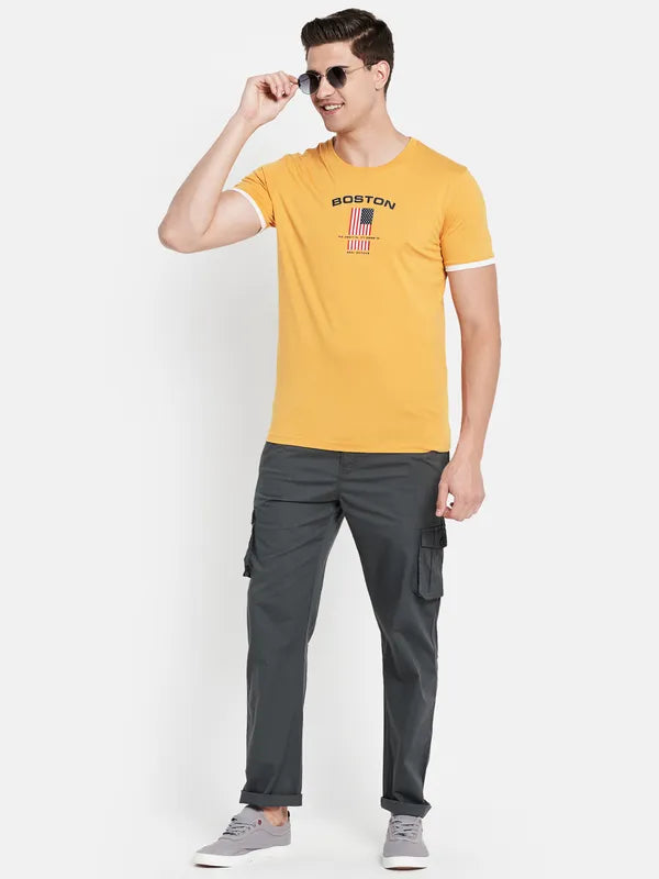 Octave Men Yellow Typography Printed Applique T-Shirt