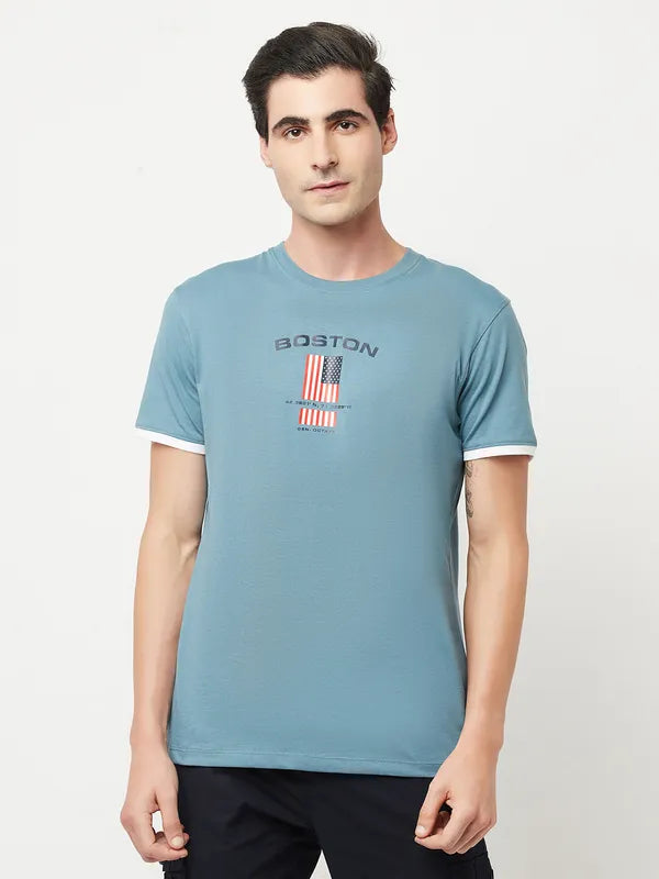 Octave Men Blue  Red Printed Cotton Round Neck T-Shirt