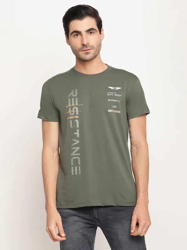 Octave Men Olive Green Typography Printed T-Shirt