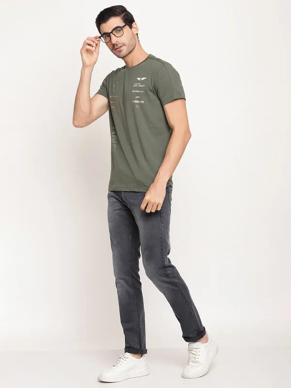 Octave Men Olive Green Typography Printed T-Shirt