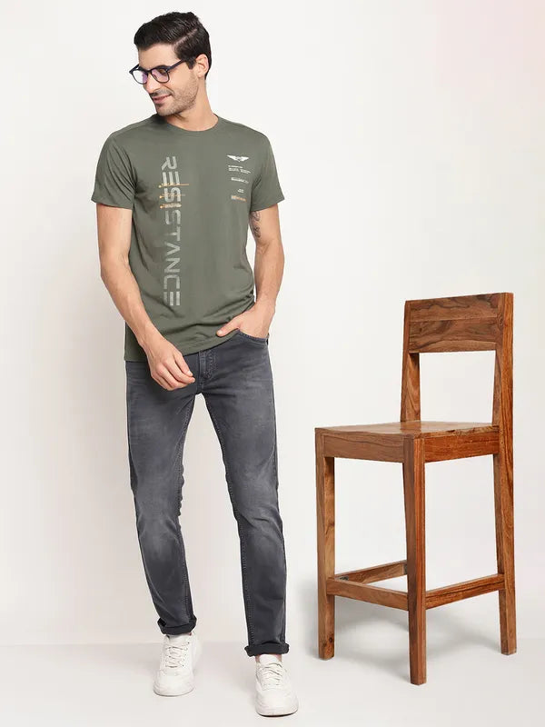 Octave Men Olive Green Typography Printed T-Shirt