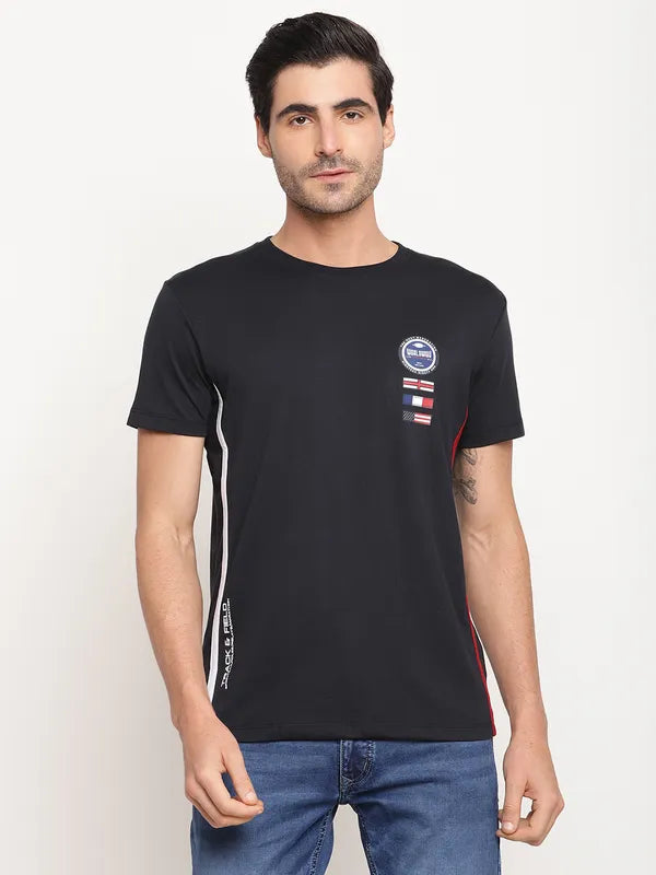 Octave Men Navy Blue Graphic Printed Cotton Regular Fit Applique T-Shirt