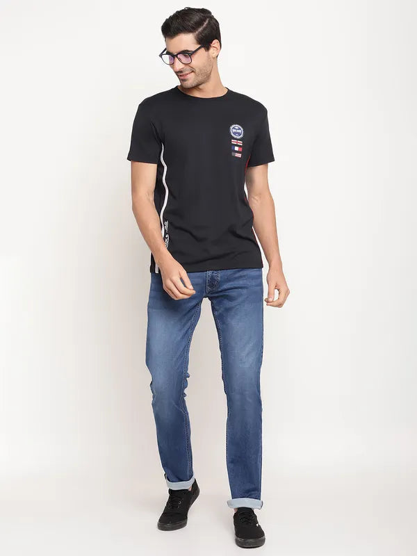 Octave Men Navy Blue Graphic Printed Cotton Regular Fit Applique T-Shirt