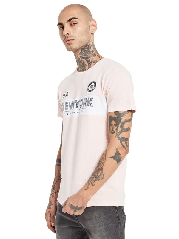 Octave Men Pink Typography Applique T-Shirt