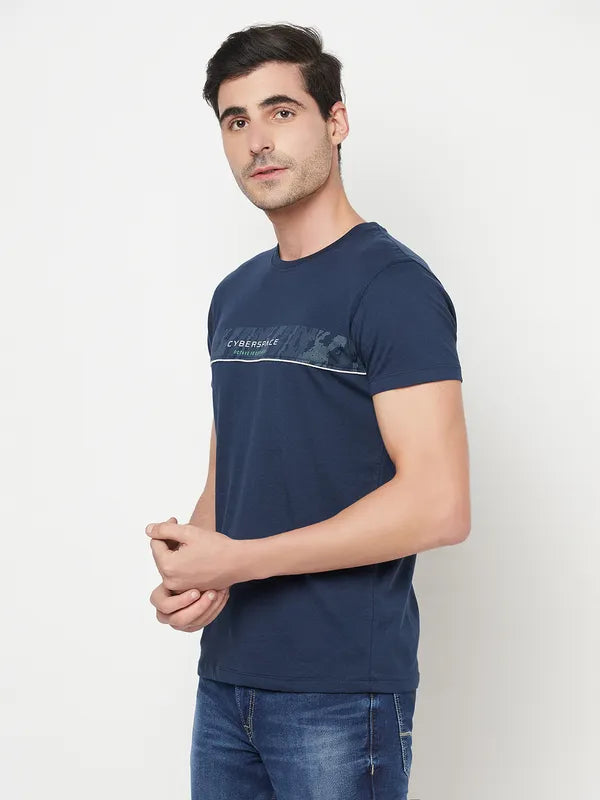 Octave Men Navy Blue Printed Cotton Regular Fit T-Shirt
