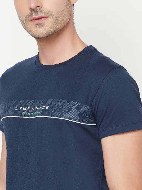 Octave Men Navy Blue Printed Cotton Regular Fit T-Shirt