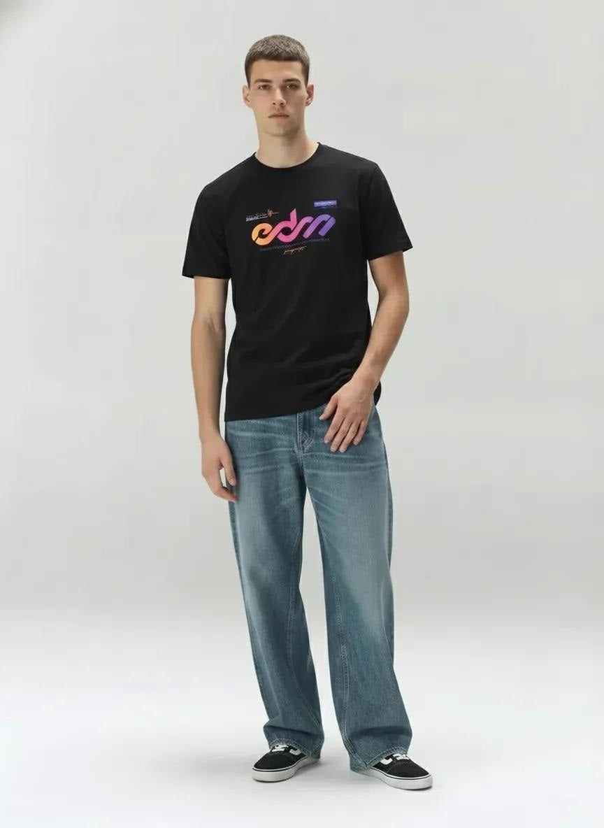 Men Black Round Printed T-shirt