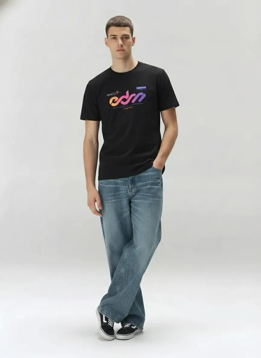 Men Black Round Printed T-shirt