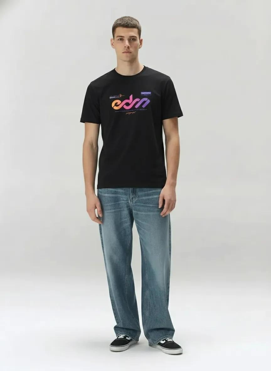 Men Black Round Printed T-shirt