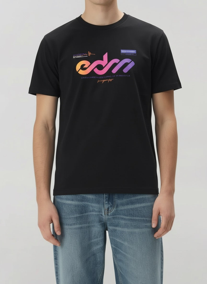 Men Black Round Printed T-shirt
