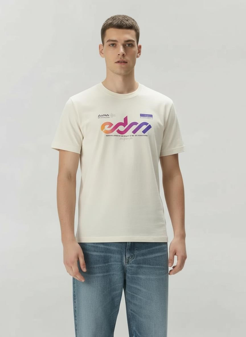 Men Vanilla Round Printed T-shirt