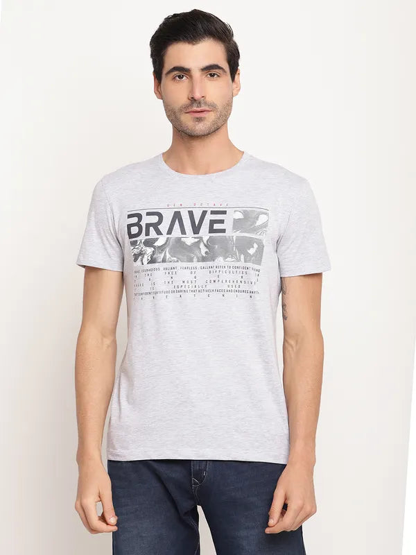 Octave Men Grey Melange Typography Printed T-Shirt