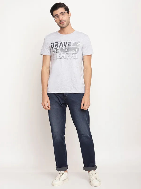 Octave Men Grey Melange Typography Printed T-Shirt