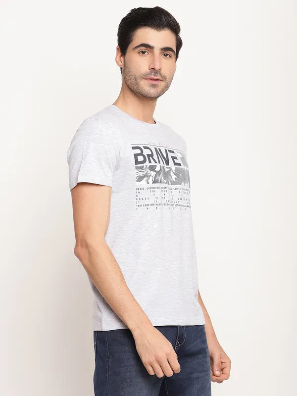 Octave Men Grey Melange Typography Printed T-Shirt