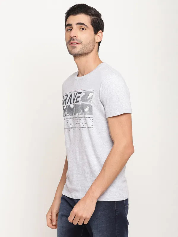 Octave Men Grey Melange Typography Printed T-Shirt