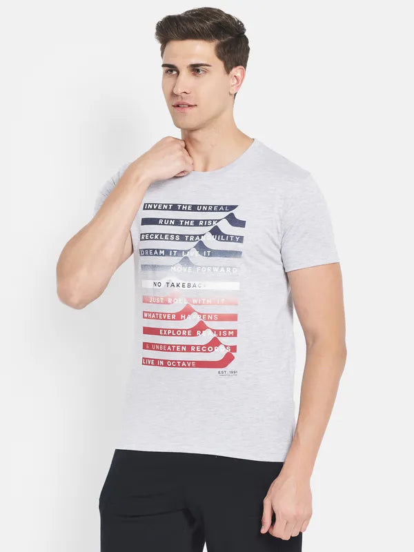 Octave Men Grey Typography Printed Raw Edge T-Shirt