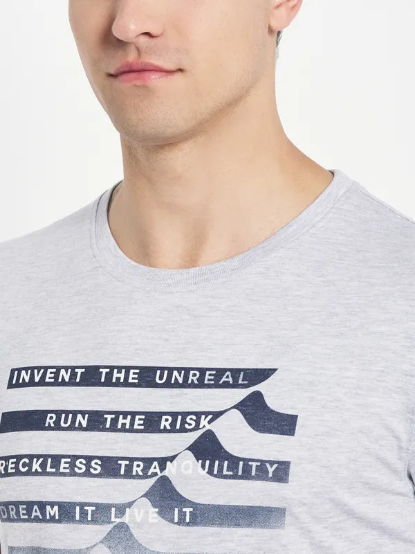 Octave Men Grey Typography Printed Raw Edge T-Shirt