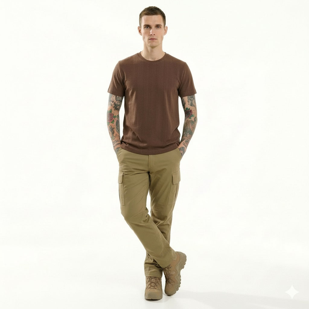 Men Coffee Solid Round Neck T-shirt
