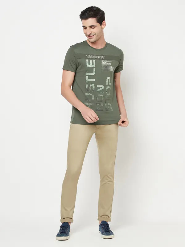 Octave Men Olive Green Typography Printed T-Shirt