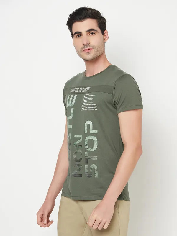 Octave Men Olive Green Typography Printed T-Shirt