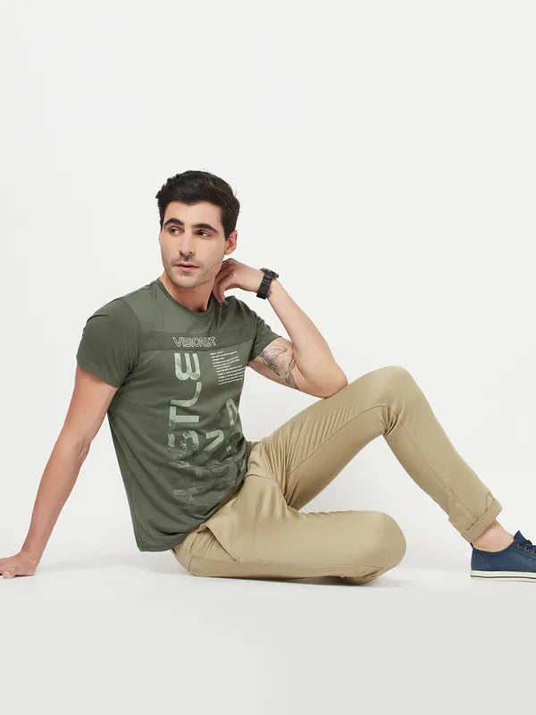 Octave Men Olive Green Typography Printed T-Shirt